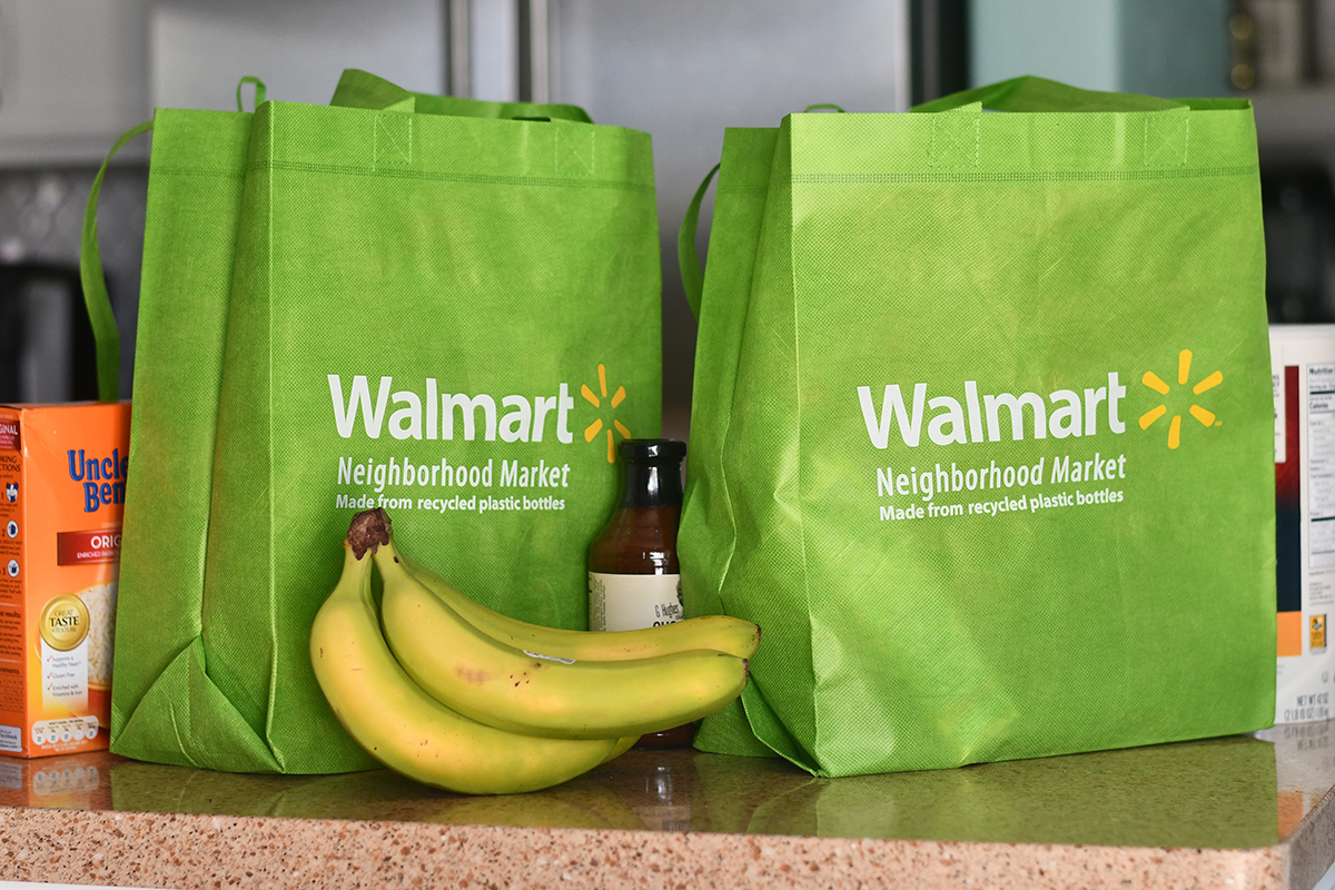 Walmart reusable grocery bags on counter